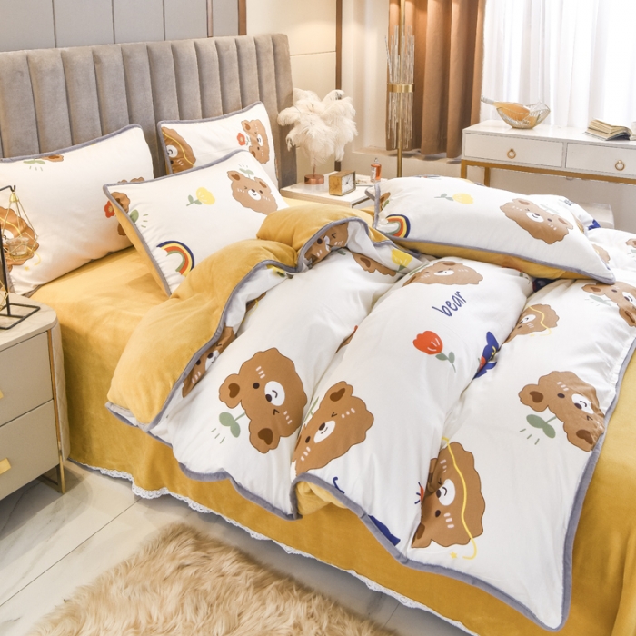 91家纺网 家纺一手货源 找家纺 琪琪阁 2021新款全棉+牛奶绒四件套安迪小熊