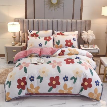 91家纺网 家纺一手货源 找家纺 琪琪阁 2021新款全棉+牛奶绒四件套花妃-粉