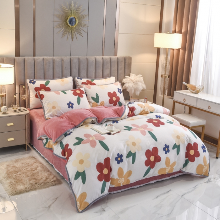 91家纺网 家纺一手货源 找家纺 琪琪阁 2021新款全棉+牛奶绒四件套花妃-粉