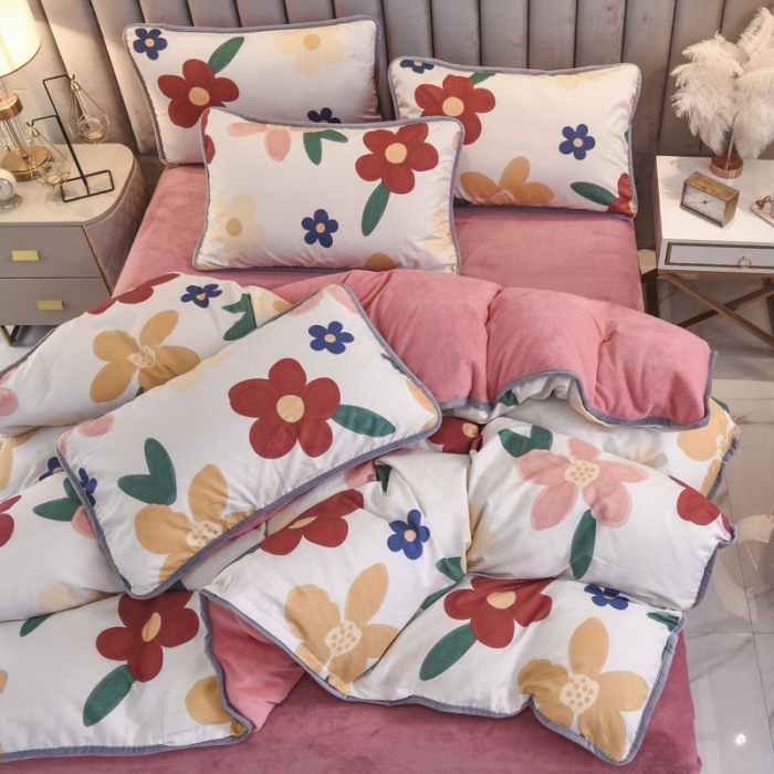 91家纺网 家纺一手货源 找家纺 琪琪阁 2021新款全棉+牛奶绒四件套花妃-粉