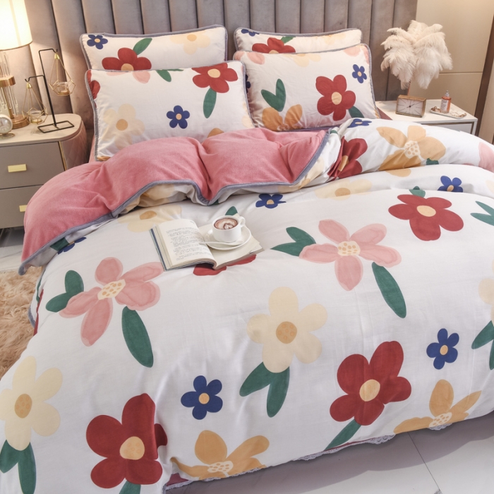 91家纺网 家纺一手货源 找家纺 琪琪阁 2021新款全棉+牛奶绒四件套花妃-粉