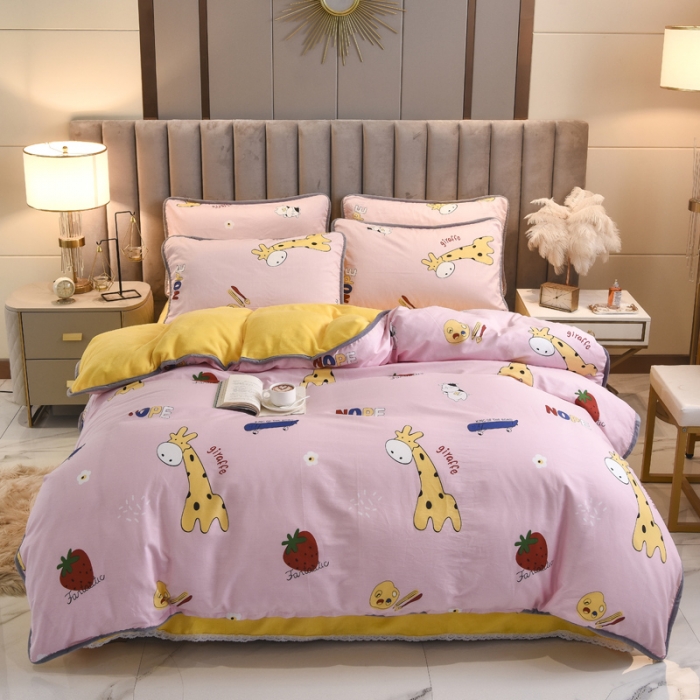 91家纺网 家纺一手货源 找家纺 琪琪阁 2021新款全棉+牛奶绒四件套开心小鹿-粉