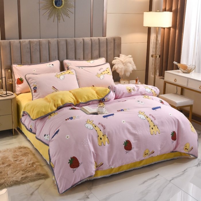 91家纺网 家纺一手货源 找家纺 琪琪阁 2021新款全棉+牛奶绒四件套开心小鹿-粉