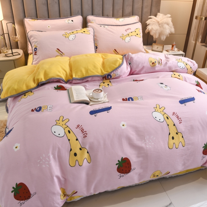 91家纺网 家纺一手货源 找家纺 琪琪阁 2021新款全棉+牛奶绒四件套开心小鹿-粉