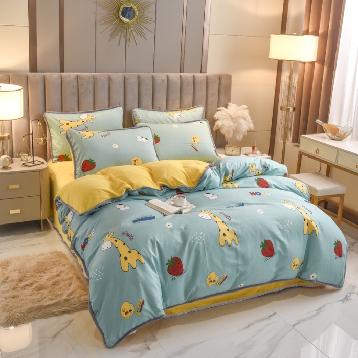 91家纺网 家纺一手货源 找家纺 琪琪阁 2021新款全棉+牛奶绒四件套开心小鹿-绿