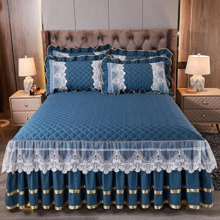 网红馆 2025新款芭莎风情色织蕾丝单品床裙被套枕套 宝石蓝