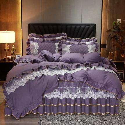 网红馆 2025新款芭莎风情色织蕾丝床裙四件套 浪漫紫