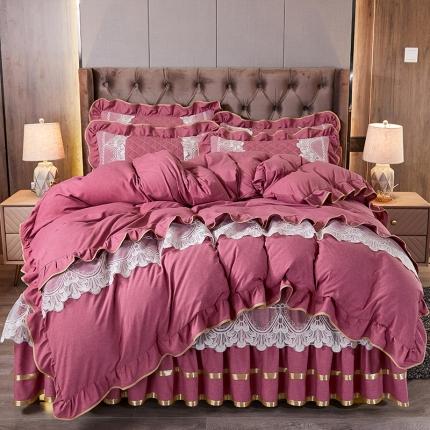 网红馆 2025新款芭莎风情色织蕾丝床裙四件套 珊瑚红