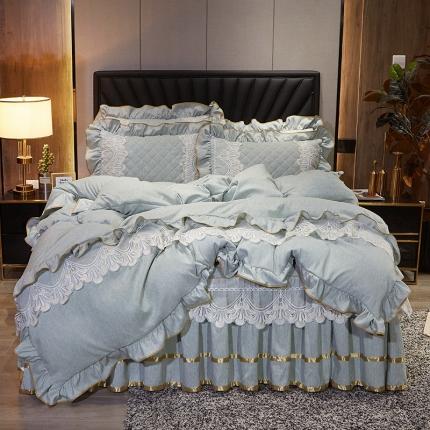 网红馆 2025新款芭莎风情色织蕾丝床裙四件套 石青色