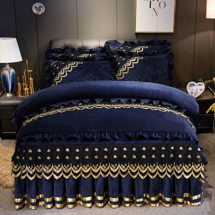 91家纺网 家纺一手货源 找家纺 网红馆 2025新款玲珑时尚水晶绒夹棉床裙四件套 宝蓝