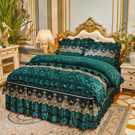 网红馆 2025新款盛世佳人天鹅绒夹棉单品床裙被套枕套 翡翠