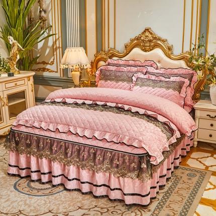 网红馆 2025新款盛世佳人天鹅绒夹棉单品床裙被套枕套 蜜粉