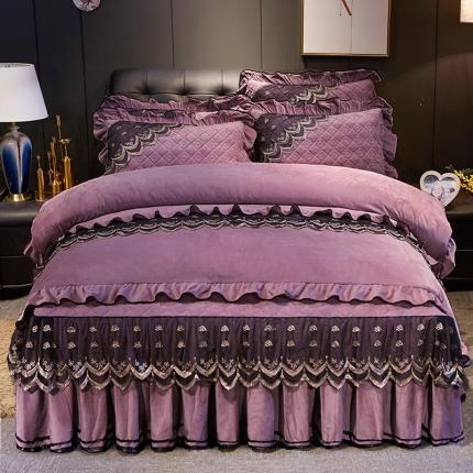 91家纺网 家纺一手货源 找家纺 网红馆 2025新款玲珑时尚水晶绒夹棉床裙四件套 豆沙