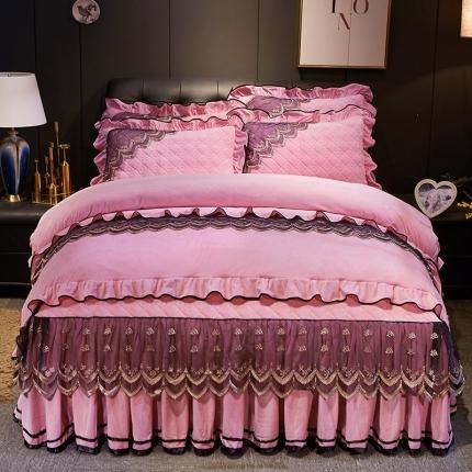 网红馆 2025新款玲珑时尚水晶绒夹棉床裙四件套 粉玉