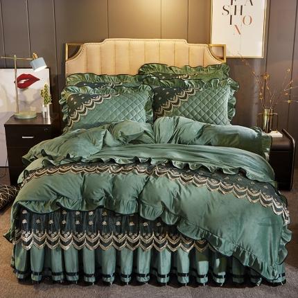 91家纺网 家纺一手货源 找家纺 网红馆 2025新款玲珑时尚水晶绒夹棉床裙四件套 橄榄绿