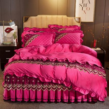 网红馆 2025新款玲珑时尚水晶绒夹棉床裙四件套 玫红