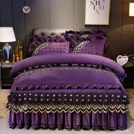 91家纺网 家纺一手货源 找家纺 网红馆 2025新款玲珑时尚水晶绒夹棉床裙四件套 深紫