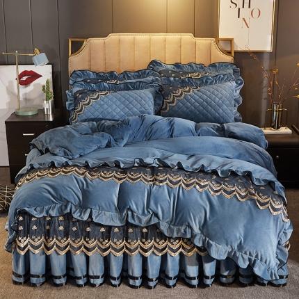 91家纺网 家纺一手货源 找家纺 网红馆 2025新款玲珑时尚水晶绒夹棉床裙四件套 蔚蓝