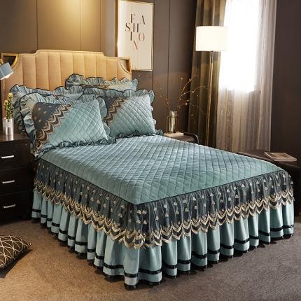 91家纺网 家纺一手货源 找家纺 网红馆 2025新款玲珑时尚水晶绒夹棉单品床裙被套枕套 豆绿