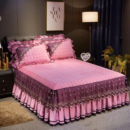 网红馆 2025新款玲珑时尚水晶绒夹棉单品床裙被套枕套 粉玉