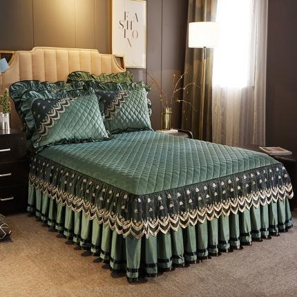 网红馆 2025新款玲珑时尚水晶绒夹棉单品床裙被套枕套橄榄绿