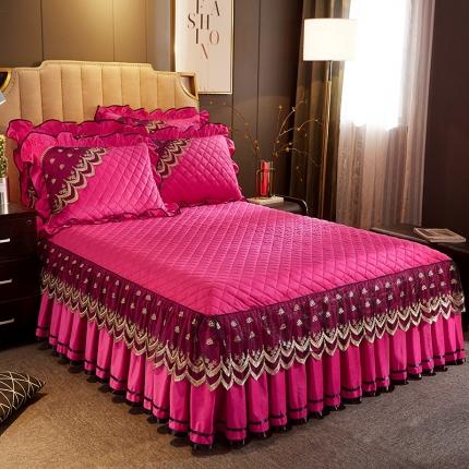 网红馆 2025新款玲珑时尚水晶绒夹棉单品床裙被套枕套 玫红