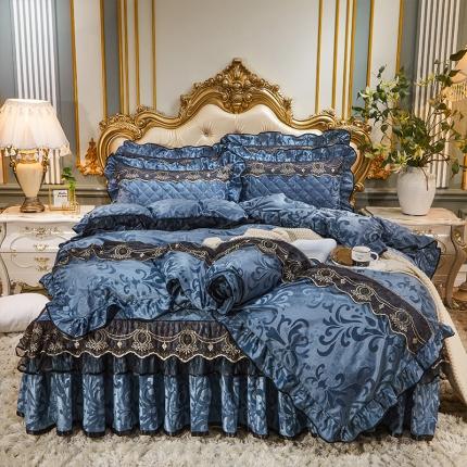 91家纺网 家纺一手货源 找家纺 网红馆 2025新款梦庭花开天鹅绒床裙四件套 宝蓝