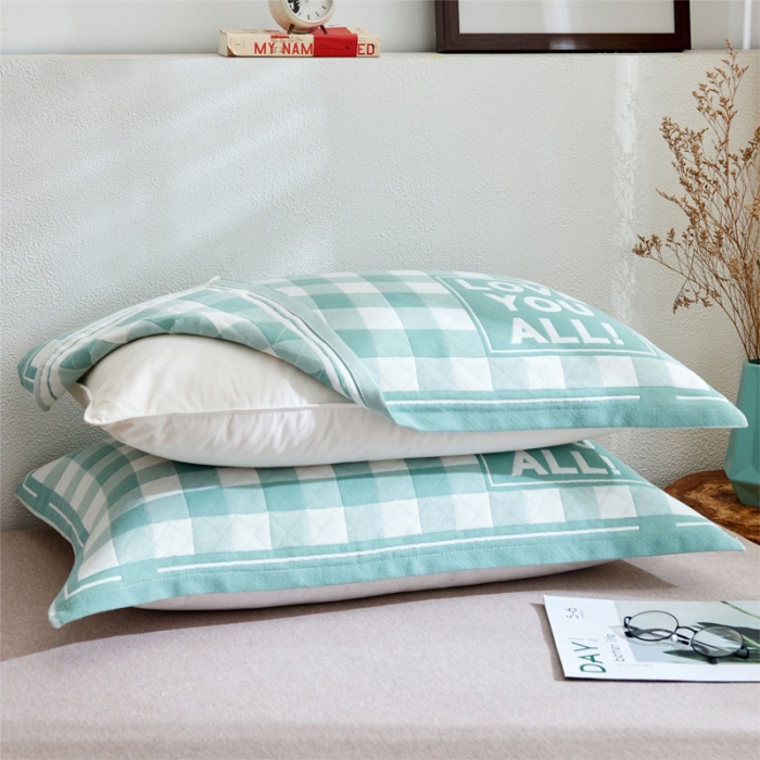 91家纺网 家纺一手货源 找家纺 朴尔2021全棉三层纱布定位枕巾52*78cm一对爱情方格绿