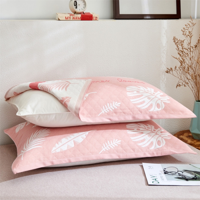 91家纺网 家纺一手货源 找家纺 朴尔2021全棉三层纱布定位枕巾52*78cm一对夏日芭蕉粉