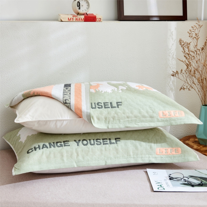 91家纺网 家纺一手货源 找家纺 朴尔2021全棉三层纱布定位枕巾52*78cm一对仙林小鹿绿