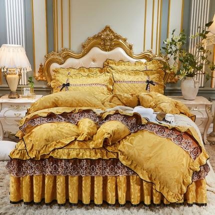 91家纺网 家纺一手货源 找家纺 网红馆 2025新款梦醉奢华天鹅绒床裙四件套 蝴蝶结款-姜黄