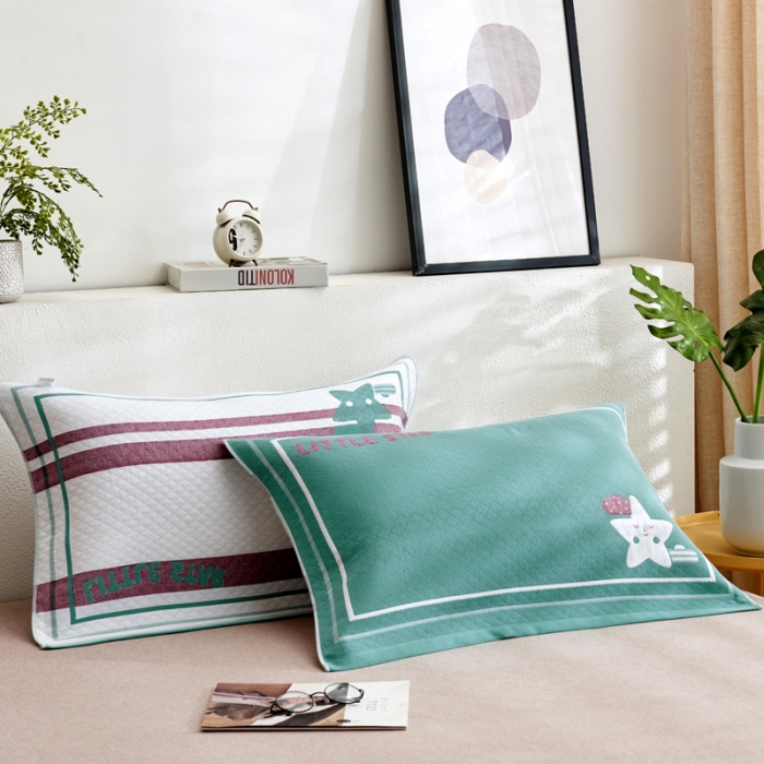 91家纺网 家纺一手货源 找家纺 朴尔2021全棉三层纱布定位枕巾52*78cm一对小星星-绿