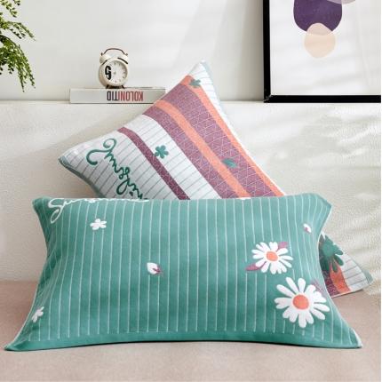 91家纺网 家纺一手货源 找家纺 朴尔2021全棉三层纱布定位枕巾52*78cm一对小野菊-绿