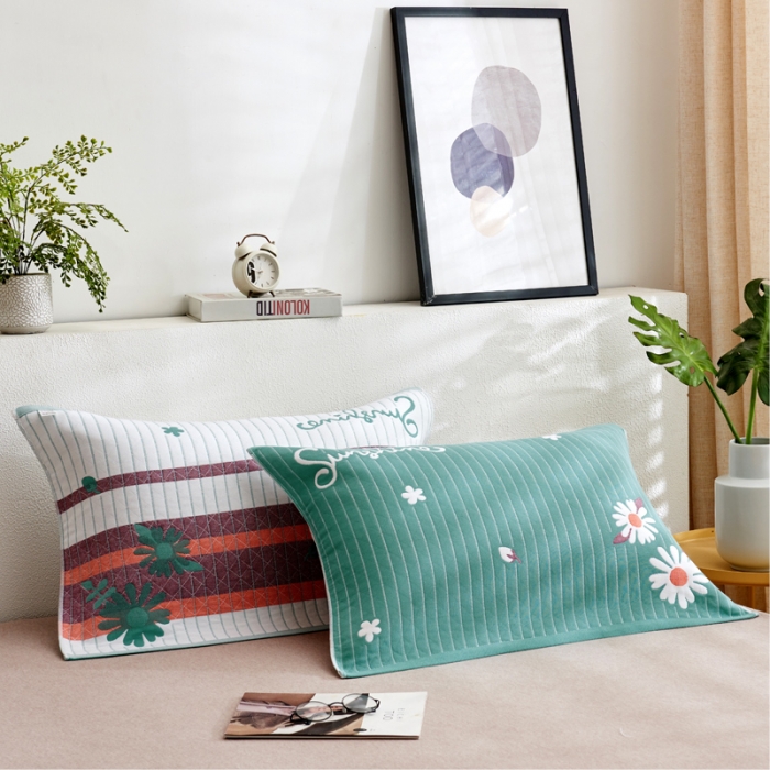 91家纺网 家纺一手货源 找家纺 朴尔2021全棉三层纱布定位枕巾52*78cm一对小野菊-绿