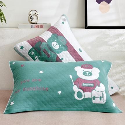 91家纺网 家纺一手货源 找家纺 朴尔2021全棉三层纱布定位枕巾52*78cm一对阳光熊-绿