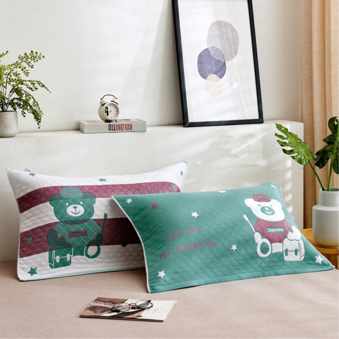 91家纺网 家纺一手货源 找家纺 朴尔2021全棉三层纱布定位枕巾52*78cm一对阳光熊-绿