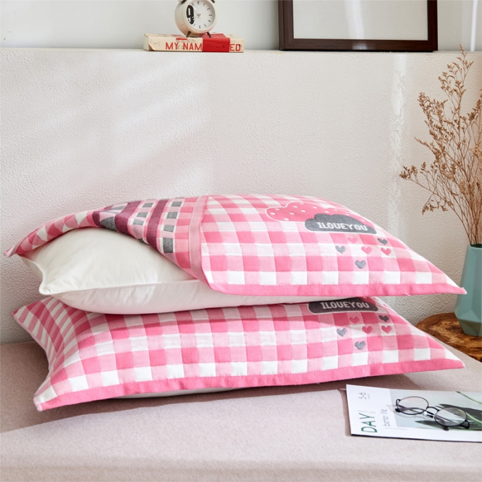 91家纺网 家纺一手货源 找家纺 朴尔2021新款全棉三层纱布定位枕巾52*78cm一对云朵粉