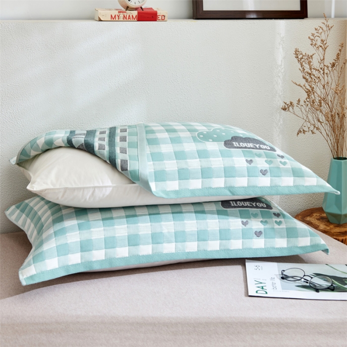 91家纺网 家纺一手货源 找家纺 朴尔2021新款全棉三层纱布定位枕巾52*78cm一对云朵绿