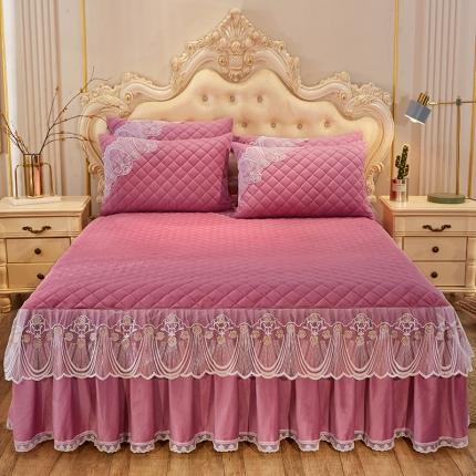 91家纺网 家纺一手货源 找家纺 网红馆 2025新款幸福花开水晶绒蕾丝单品床裙被套枕套 豆沙