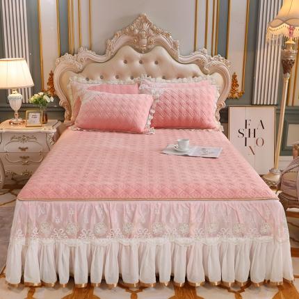 91家纺网 家纺一手货源 找家纺 网红馆 2025新款幸福花开水晶绒蕾丝单品床裙被套枕套 粉色