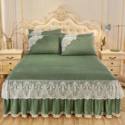 91家纺网 家纺一手货源 找家纺 网红馆2025新款幸福花开水晶绒蕾丝单品床裙被套枕套 橄榄绿