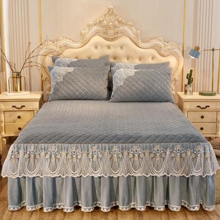 91家纺网 家纺一手货源 找家纺 网红馆 2025新款幸福花开水晶绒蕾丝单品床裙被套枕套 银灰