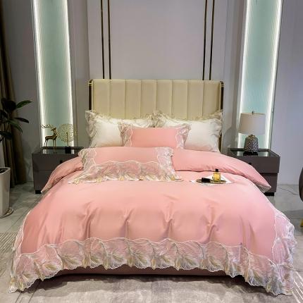 魅都凤枝羽100阿克苏长绒棉法式轻奢蕾丝系列四件套粉黛欢颜