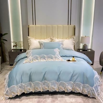 魅都凤枝羽100阿克苏长绒棉法式轻奢蕾丝系列四件套 空间蓝