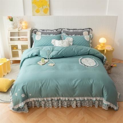 91家纺网 家纺一手货源 找家纺 菊上家纺 2021新款全棉贴布绣花花边床盖四件套 伊莲-蓝