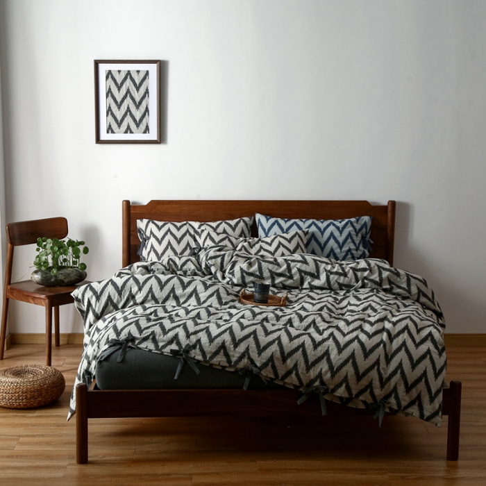 91家纺网 家纺一手货源 找家纺 安莱生活2021新款双层纱海澜大提花蝴蝶结工艺款四件套海澜黑