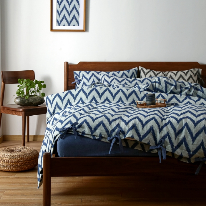 91家纺网 家纺一手货源 找家纺 安莱生活2021新款双层纱海澜大提花蝴蝶结工艺款四件套海澜蓝