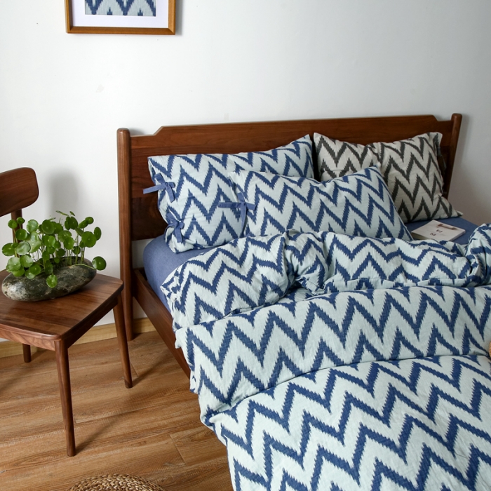 91家纺网 家纺一手货源 找家纺 安莱生活2021新款双层纱海澜大提花蝴蝶结工艺款四件套海澜蓝