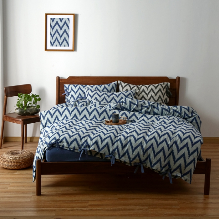 91家纺网 家纺一手货源 找家纺 安莱生活2021新款双层纱海澜大提花蝴蝶结工艺款四件套海澜蓝