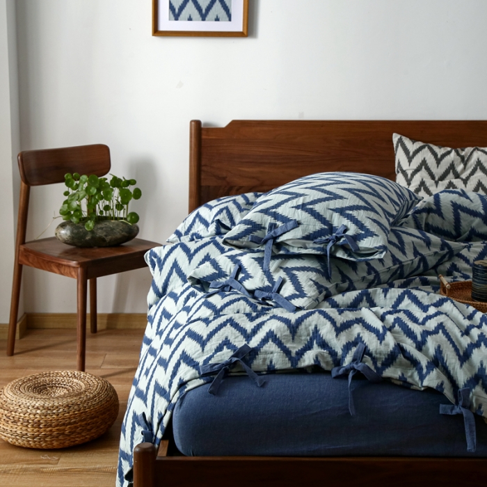 91家纺网 家纺一手货源 找家纺 安莱生活2021新款双层纱海澜大提花蝴蝶结工艺款四件套海澜蓝